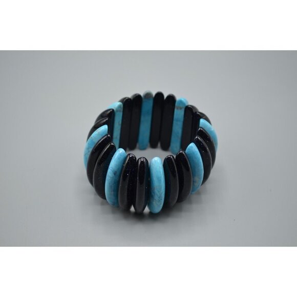 Goldstone & Turquoise Long Bead Stretch Bracelet Chunky Large Bangle Jewelry - Picture 1 of 8